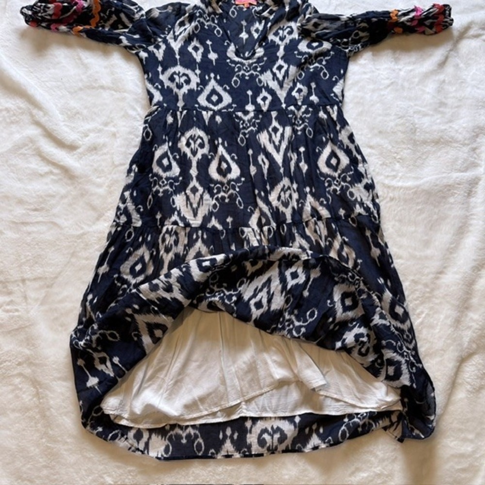 Vilagallo Navy Tammy Ikat Print Tiered Midi Dress Rickrack Trim Split Neck L - Picture 9 of 10